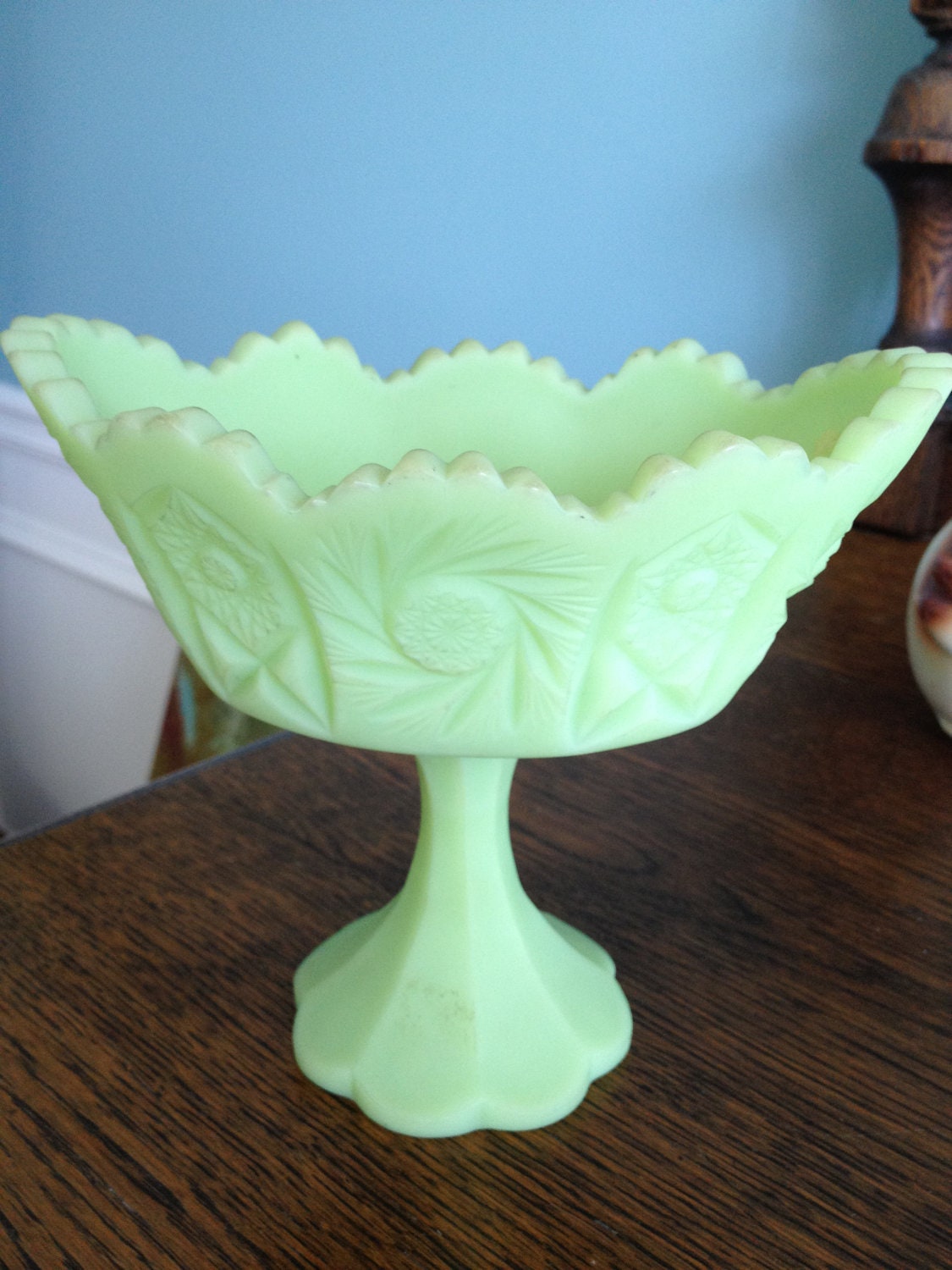 Fenton Light Green Satin Glass Compote in Hobstar and Pinwheel