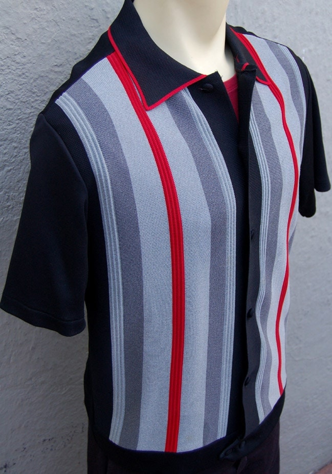 Amazing 1960s Italian Ban Lon Knit Shirt Large Blk/Red Rat