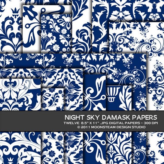Navy blue damask digital paper pack damask by MoonsteamDesign