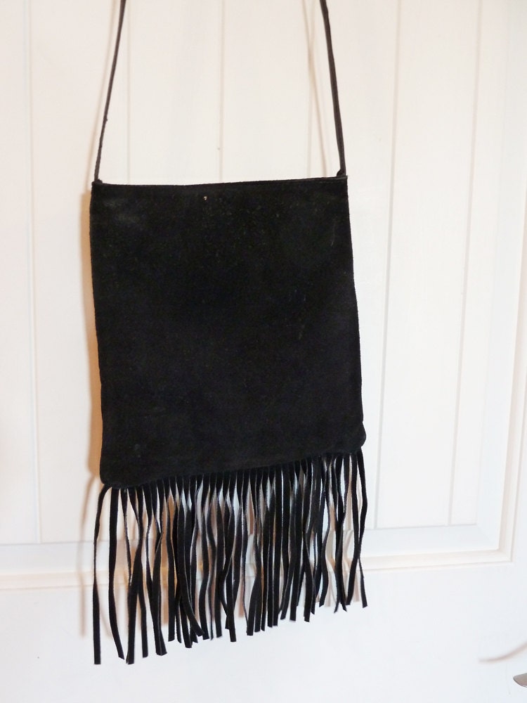 Vintage 1970s Fringe Hippie Blac Suede Bag By Tworosesvintage 8199