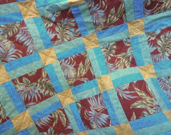 Hawaiian Print Quilt, Hawaiian Floral Quilt, Hawaiian Quilt, Brown Quilt, Green and Blue Quilt