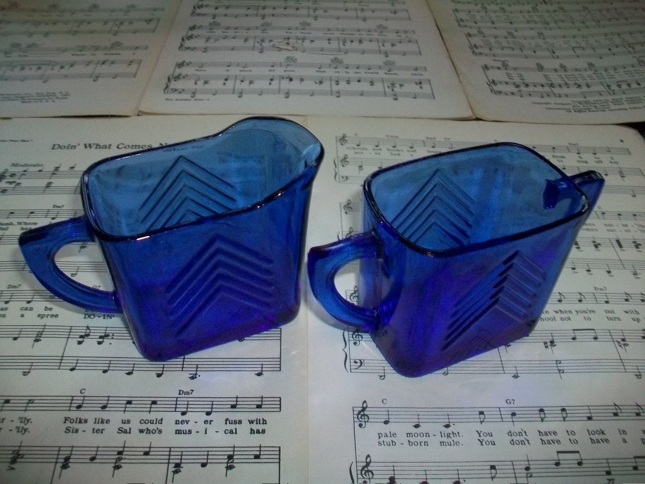 Vintage Cobalt Blue Creamer & Sugar Art Deco Depression Glass