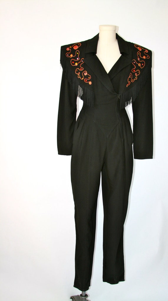 IIF Western Fringe Beaded Black Pantsuit Onezee jumper Tina