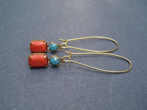 Vintage Style Coral and Turquoise Glass Stone Earrings