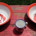 SALE 40s Set of Huge Enamel Lobster Serving Bowls and Cup Great Graphics Maine