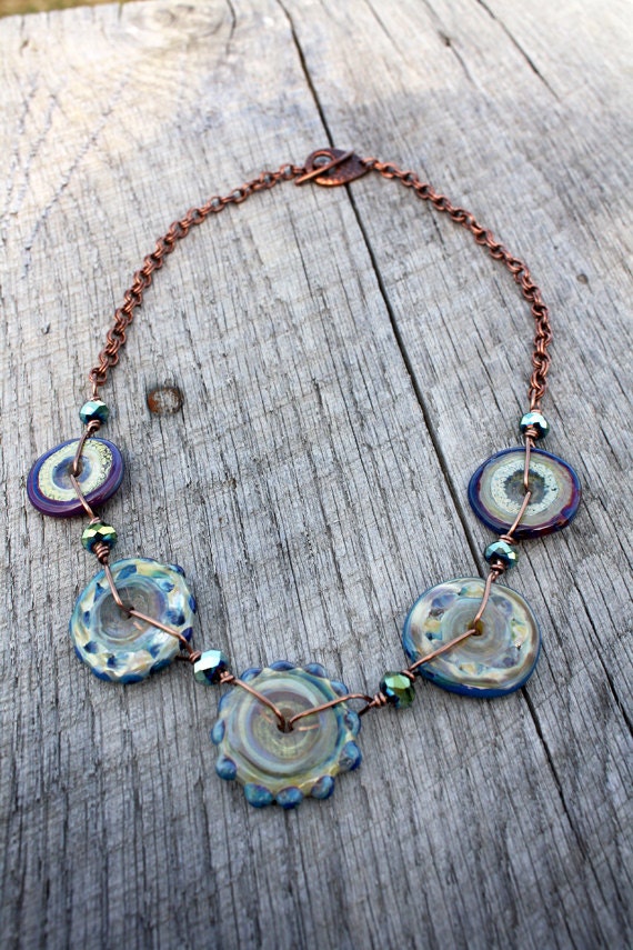Glass Gypsy Necklace Handmade Disc Lampwork Beads Copper
