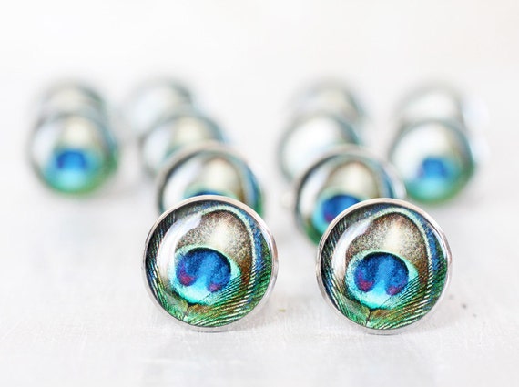 Wedding mens cufflinks - set of 6 Groomsmen gifts - Peacock Men cufflinks - Green Cuff links for him - Peacock wedding