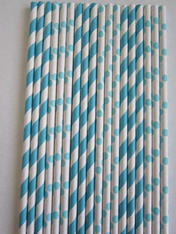 50 Peacock Blue Striped & Polka Dot Paper Drinking Straws Il_570xn