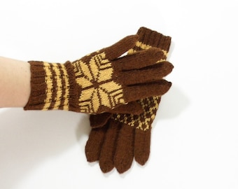 Hand Knitted Gloves - Brown, Size Medium