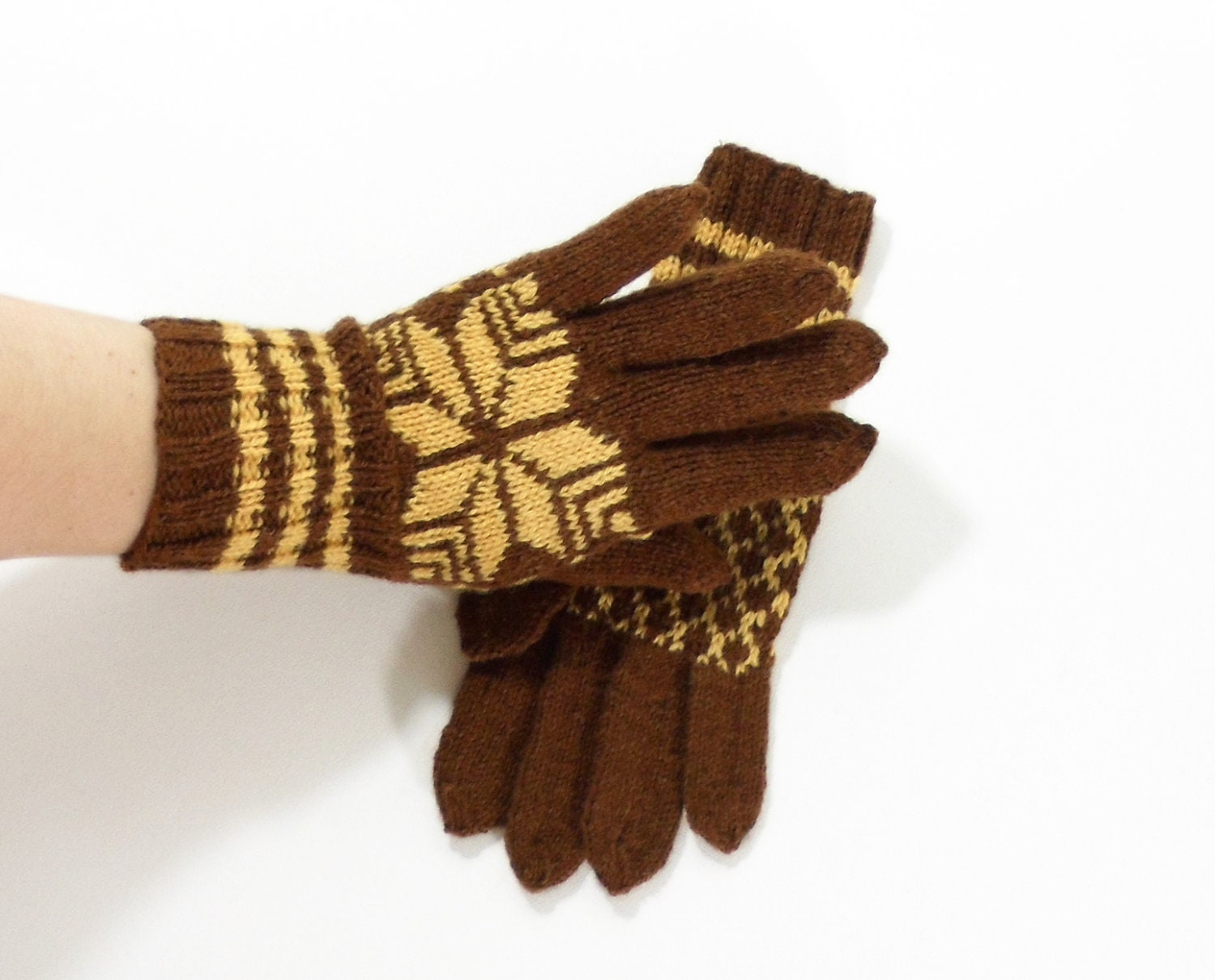 Hand Knitted Gloves Brown Size Medium