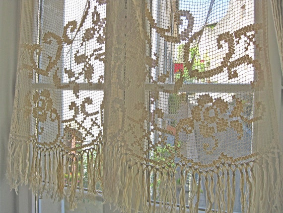 antique filet lace French curtain with fringing