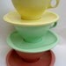 Boontonware Melmac Cups and Saucers Set of Three Pastel Yellow Aqua Salmon Pink