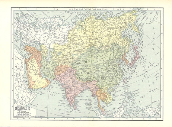 antique map of Asia in beautiful pastel colors from a 1904