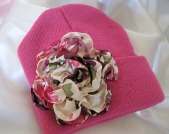 Pink YOUTH Beanie with a Beautiful Satin Print Open Rose
