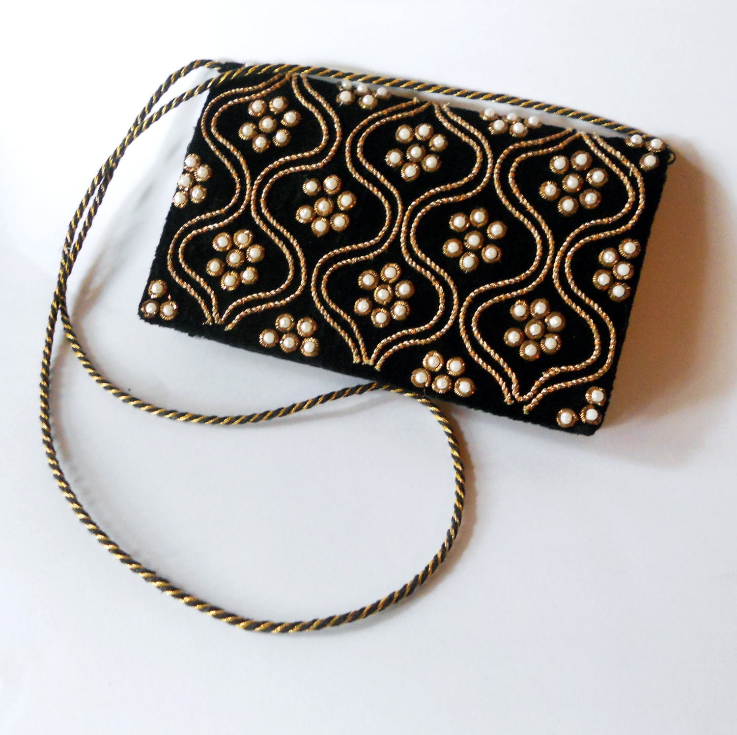 Vintage Black Velvet Purse with Metallic Gold Trim and Pearls