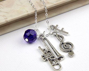 Personalized Trombone Music Necklace with Your Initial and Birthstone