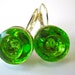 Vintage glass 2-hole button earrings, Peridot colored glass, silver leverbacks