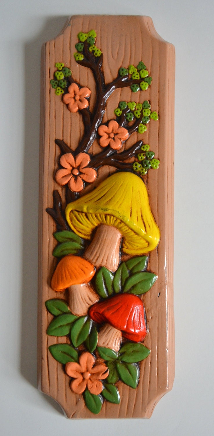 Vintage Mushroom Art Wall Hanging. Flowers Tree Branch 1970