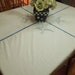 Vintage White Kitchen Dining Luncheon Tablecloth with blue embroidered flowers and blue hand crochet edging by MarlenesAttic