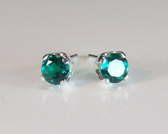 Hydrothermal Emerald Earrings (Synthetic), 5mm x 0.50 Carat, Round Cut, Sterling Silver Post Earrings