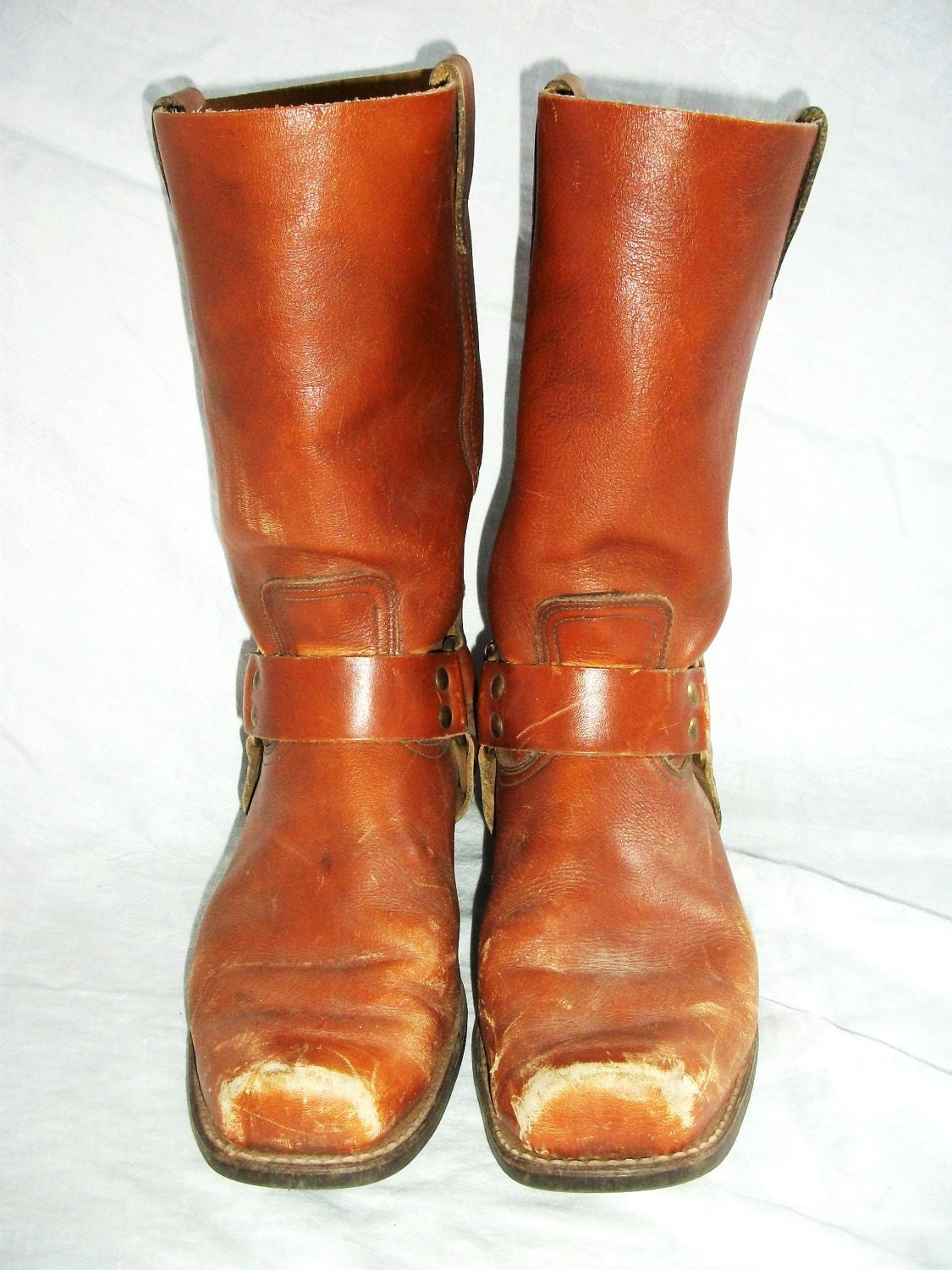 Vintage Leather Harness Boots Square Toe Men's Size