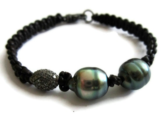Tahitian Pearl And Leather Bracelet Black Pearl by SHERIBERYL
