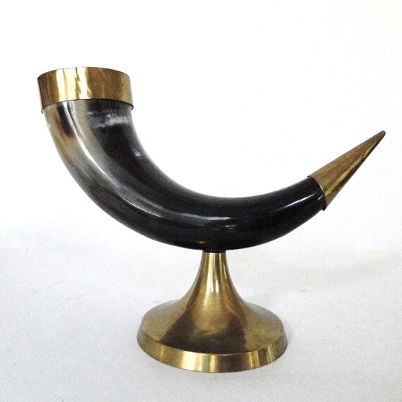 Vintage Animal Horn Mounted On Brass Stand Natural Steer Horn