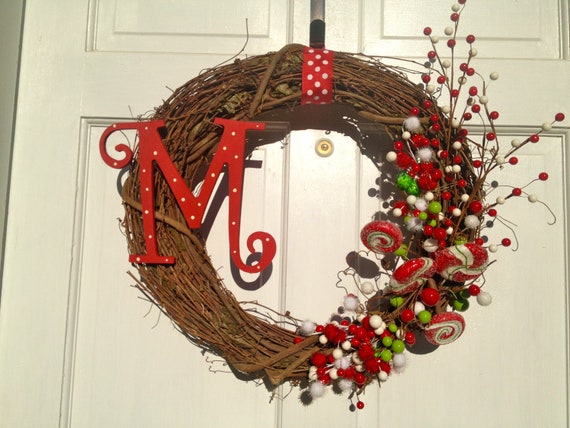 Items similar to Christmas Grapevine Wreath with Candy Red, Green and ...