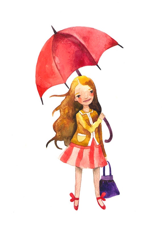 Items similar to Rainy Day Children Watercolor Print Illustration Girl