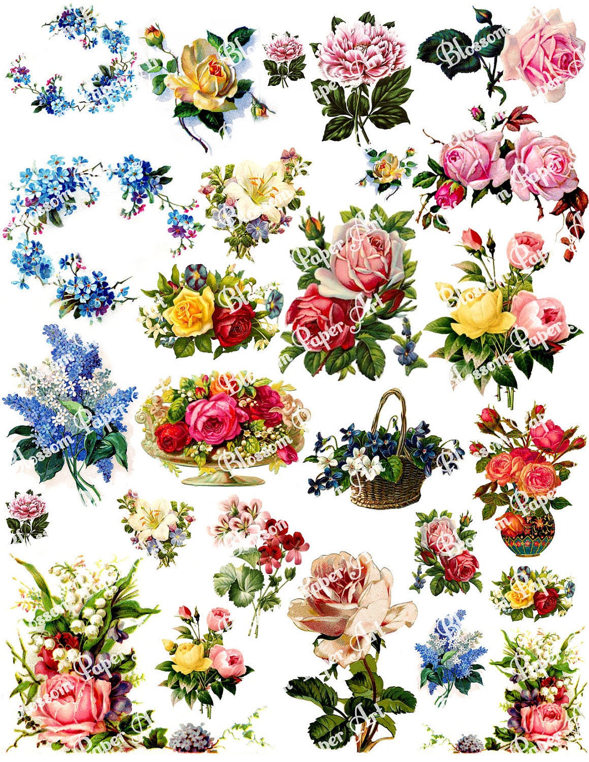 Vintage Flowers Digital Collage Sheet Decoupage Printables