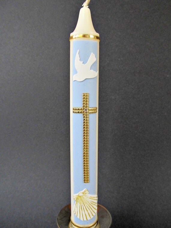 Baptism Candle boy light blue taper candle golden cross