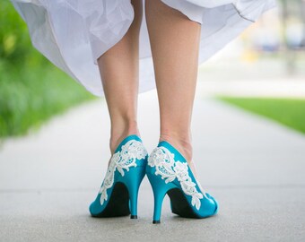 SALE -Wedding Shoes - Blue Wedding ShoesBridal Heels with Ivory ...