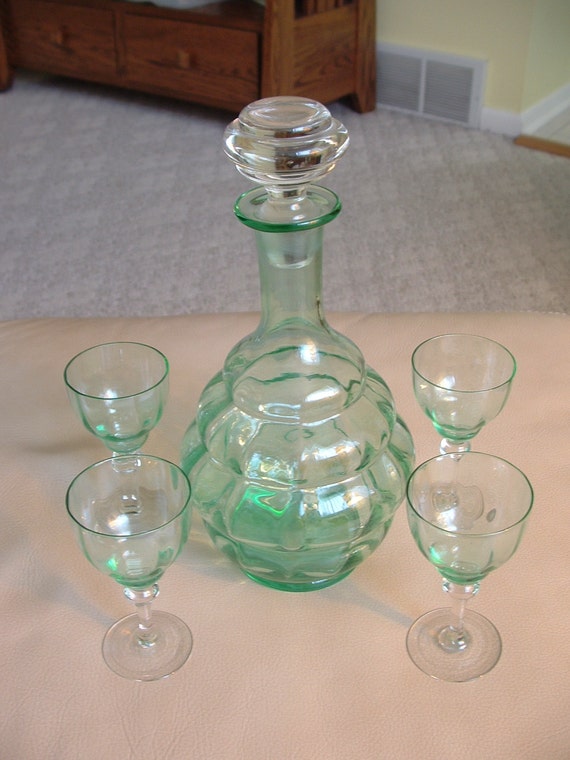 Lovely Depression Era Light Green Decanter Set and Glasses