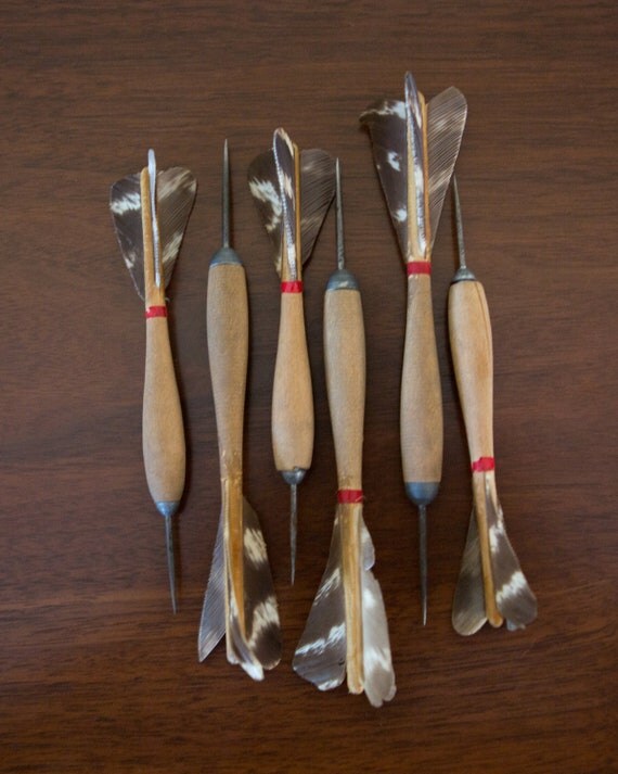 Vintage Wooden Darts Turkey Feathers and Steel Tips