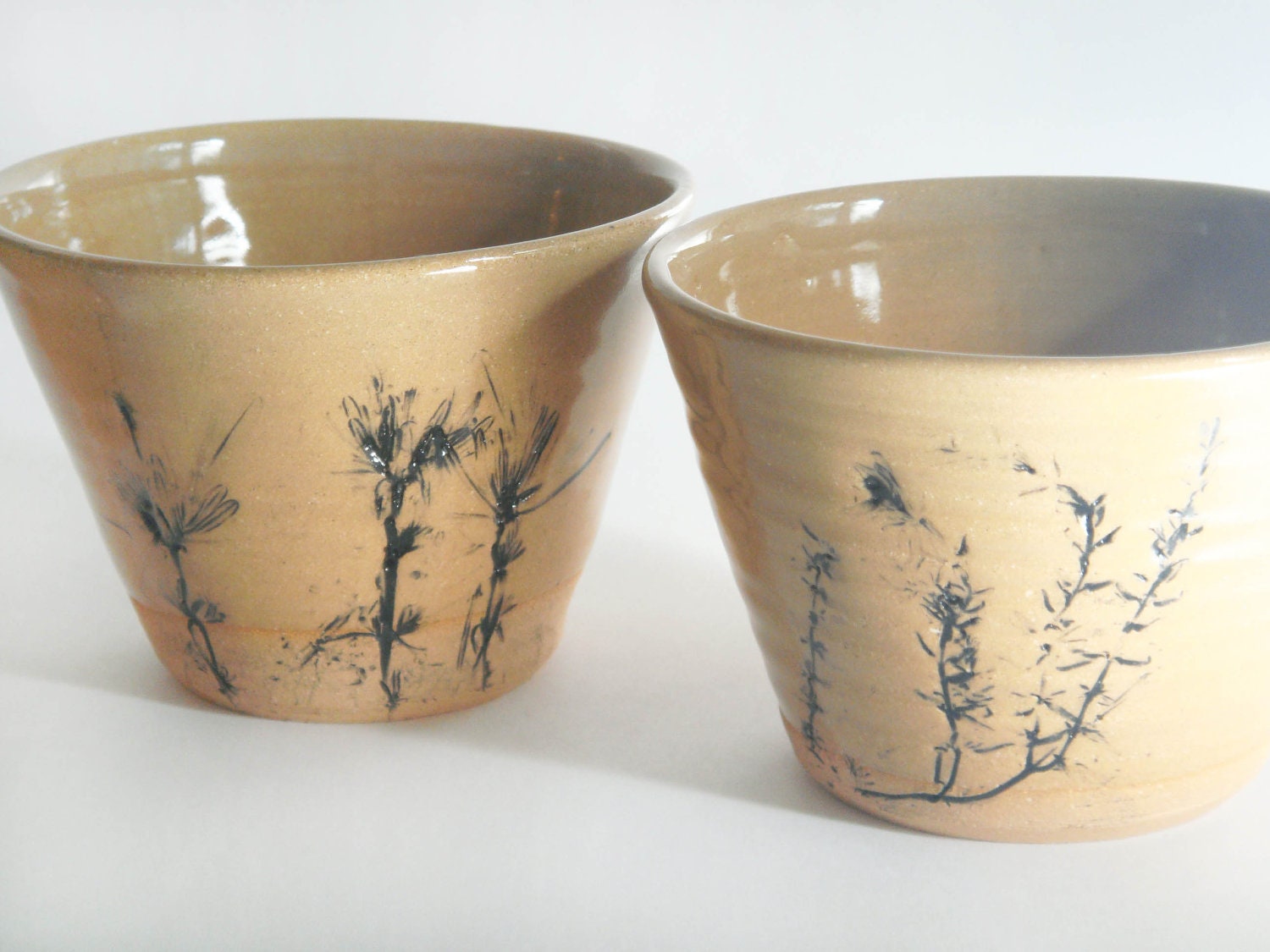 Three pottery cups with herb prints ceramic tea cups with