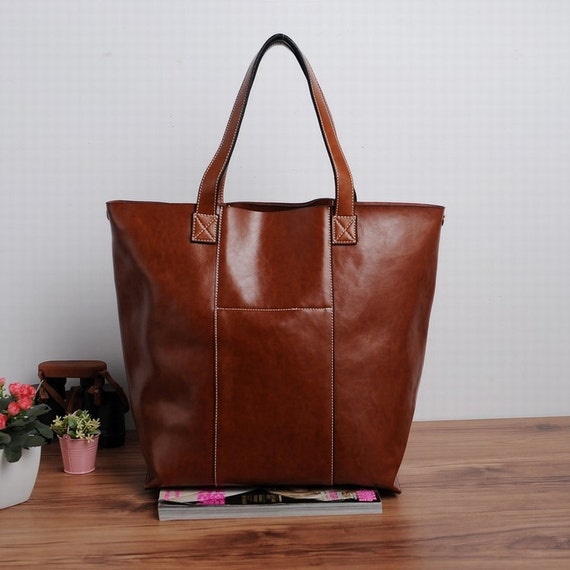 Items similar to Handmade Large Leather Tote Bag / Lady Bag / Shopper Bag / Shoulder Bag in Dark ...