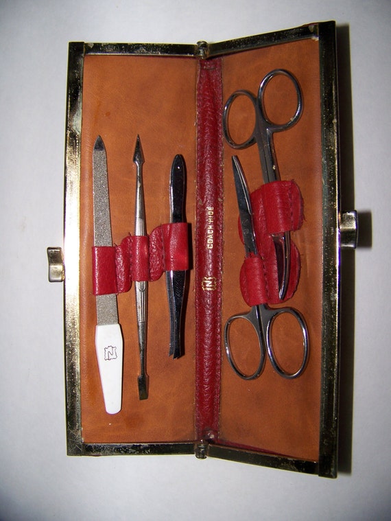 Vintage/Antique Manicure set in leather red case by lesaestes