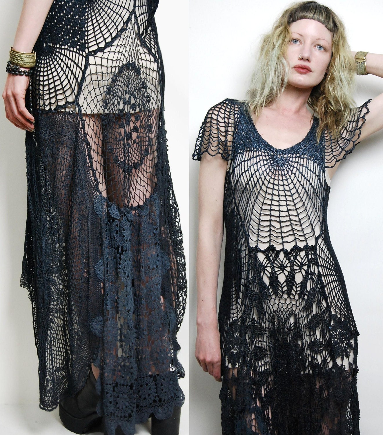 Crochet Dress VINTAGE LACE Black Cobweb SPIDERWEB Long