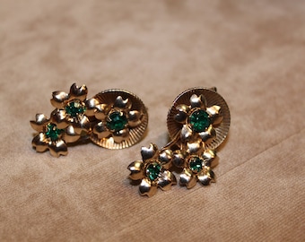 Vintage Emerald Crystal and Gold Tone Flowered Design Earrings