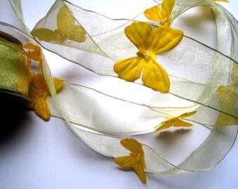 Sheer Wired Butterfly Pearl Ribbon, Yellow, 1 1/2 inch wide, 1 yard, For Gift Packing, Wreaths, Center Pieces, Home Decor, Romantic Crafts.