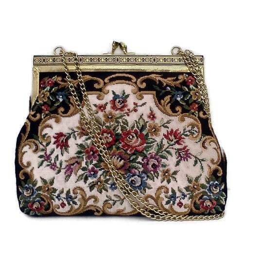 Vintage Tapestry Purse Floral on black Boho Chic