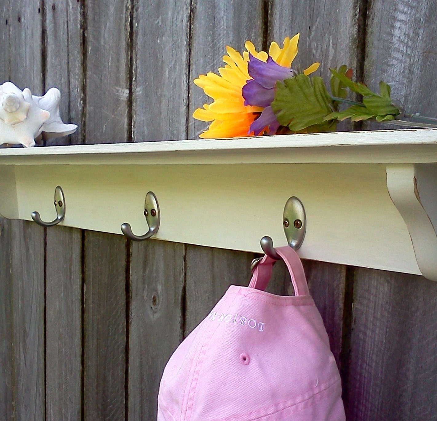 Wood Shelf Wall Hooks Ledge Chippy White Paint by WeeLambieVintage