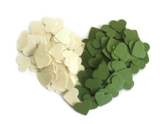 Woodland Wedding Heart Confetti: 600 Mini Hearts in Olive Green & Cream