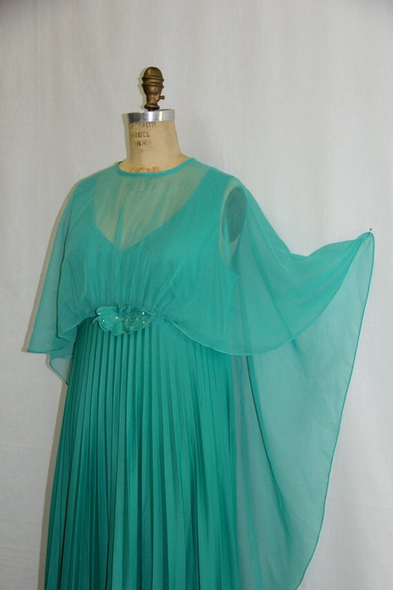 XXL Vintage Dress Maxi Teal Green Chiffon by SIZEisJUSTaNUMBER