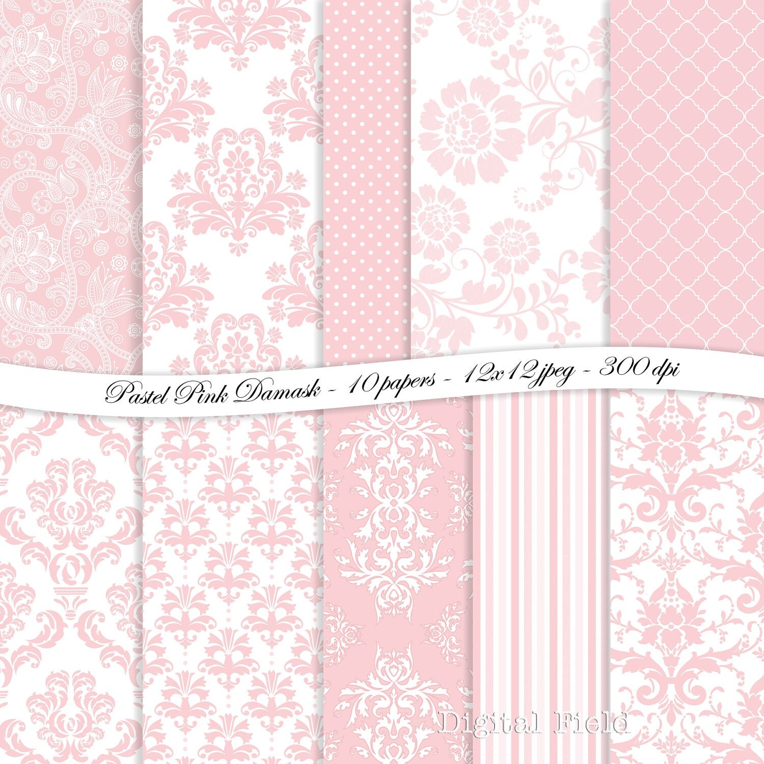 Pastel Pink Damask Digital Scrapbooking Paper Pack 10