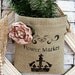 French Farmhouse Burlap Drawstring Bag with Stencil Details and Hand-Ruffled Rose