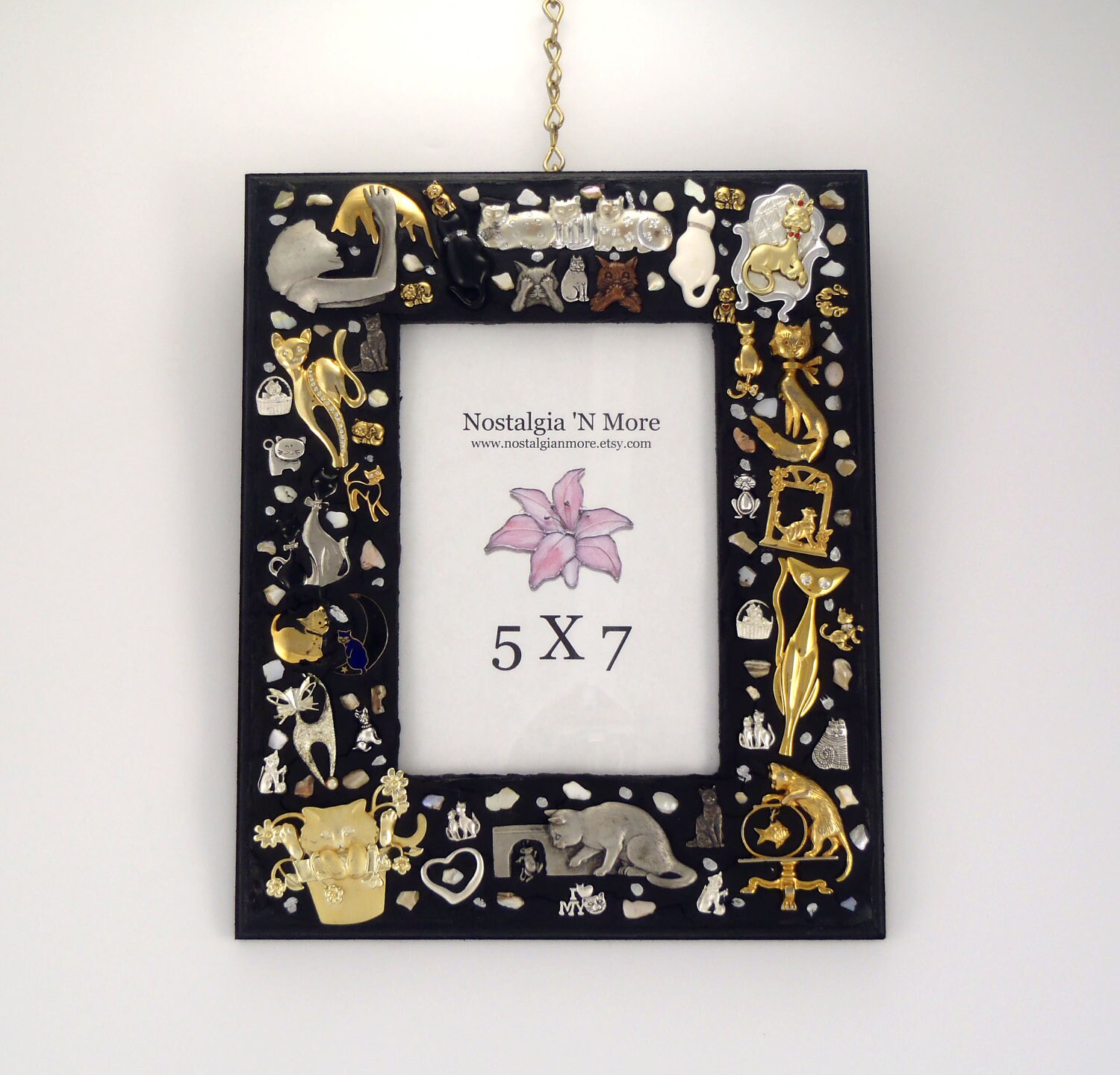 Cats Jeweled Picture Frame Black Gold Silver Handmade