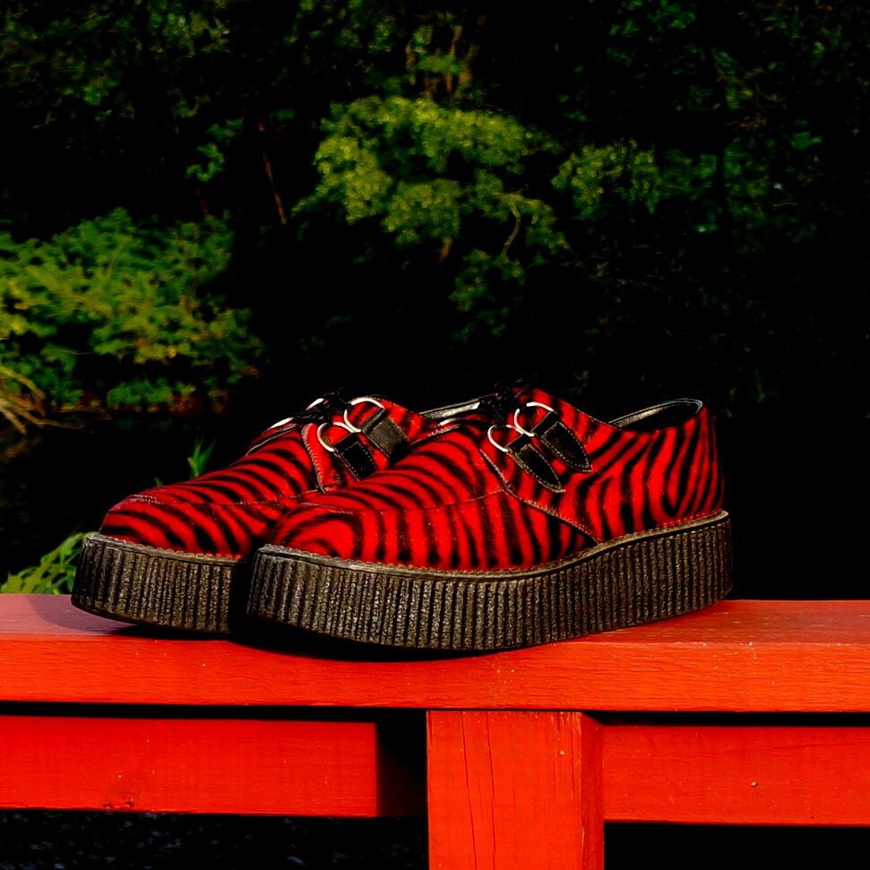 Psychobilly Creepers Retro Red Black Zebra Stripe Pony Fur