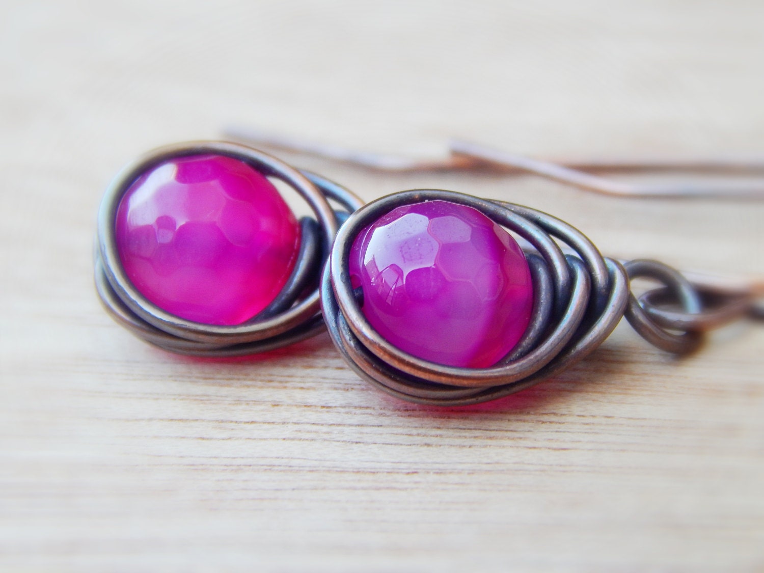 Fuschia Earrings Fuchsia Agate Gemstone Dangle Wire By Gendrea 6849