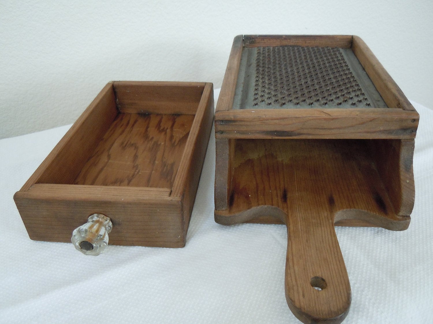 Antique Wooden Cheese Grater with Drawer / Glass Knob